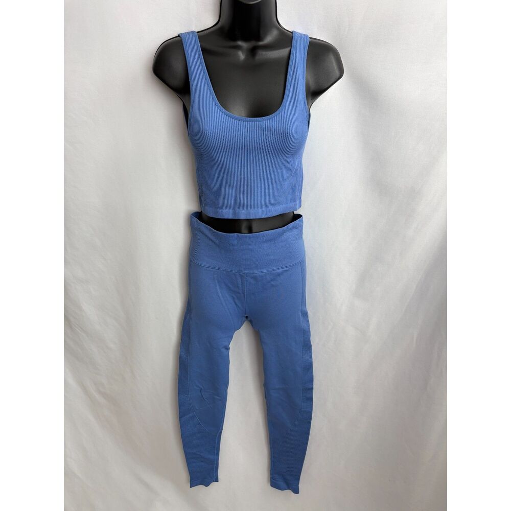 Forever 21 Blue Ribbed Two Piece Active Set Size S/M Top and Leggings Gym Yoga